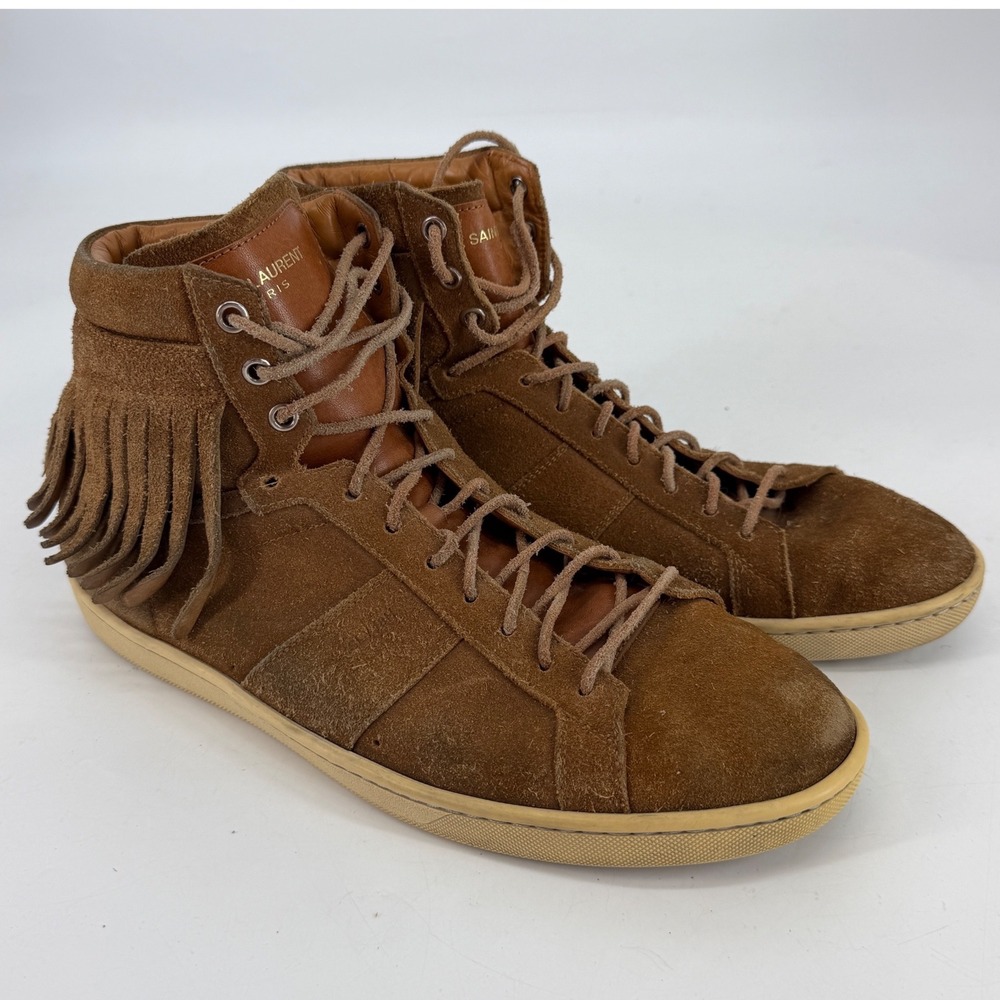 Saint Laurent Paris SL/18H Suede Fringe High Top Sneakers Brown Men's EU 43